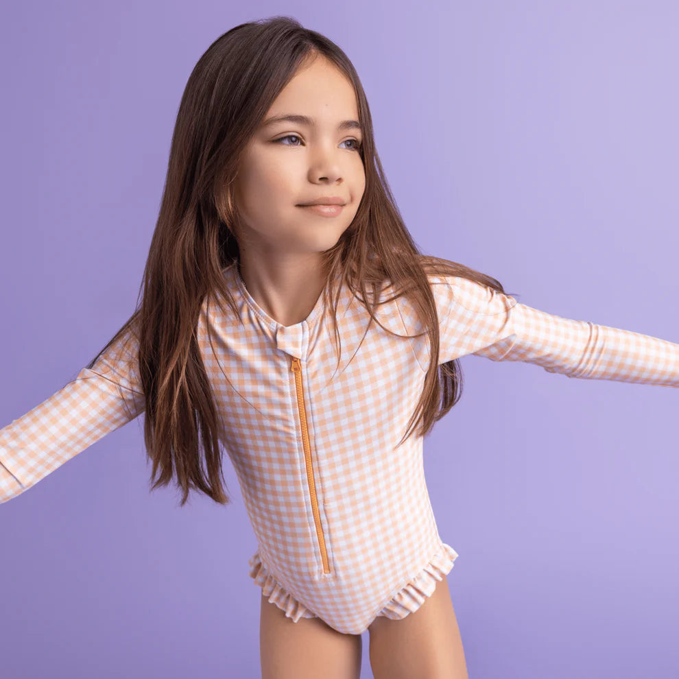 UV Badpak Meisjes Met Lange Mouwen - Oranje/Wit - Sunset Grid